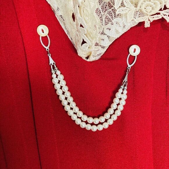 Vtg 80's Nilani Red Applique Lace Pleated Tea Dress Pearls Fancy‎ Party sz 11/12 - Picture 5 of 16